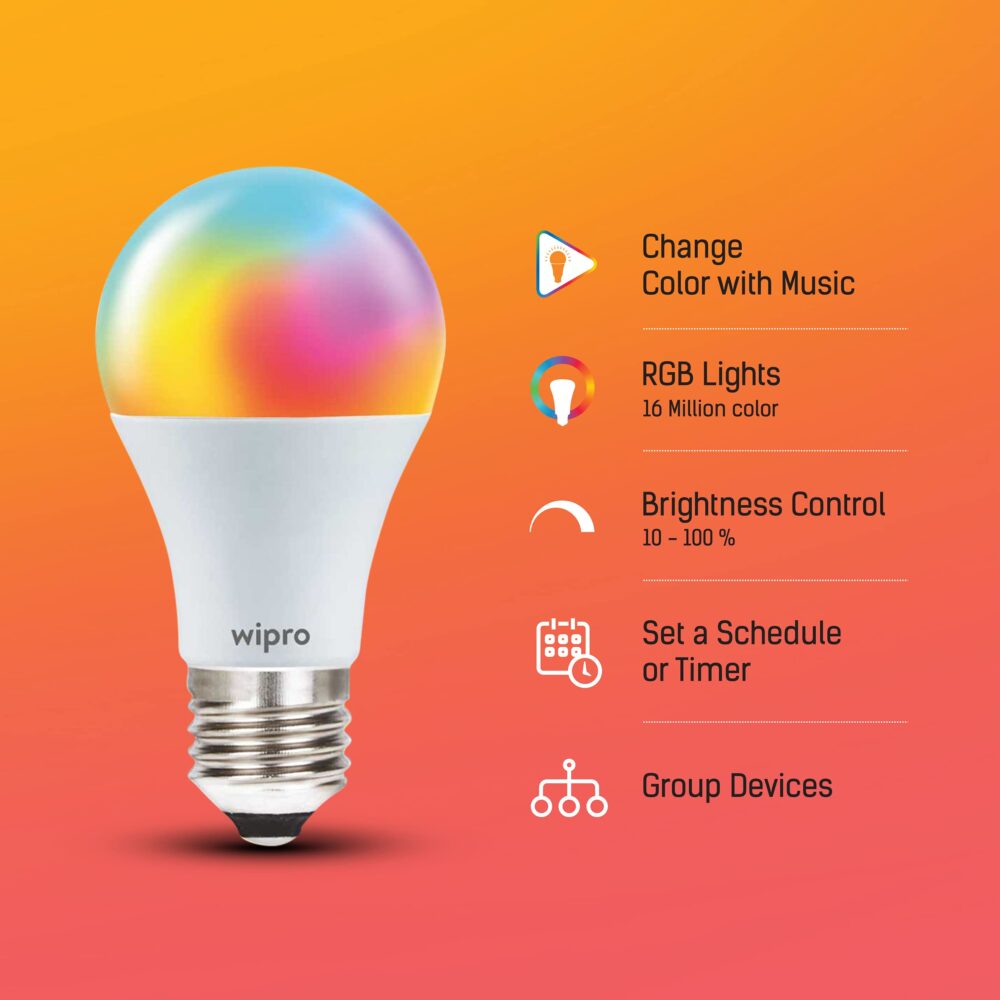 wipro 9-Watt E27 WiFi Smart LED Bulb with Music Sync (16 Million Colours + Warm White/Neutral White/White) (Compatible with Amazon Alexa and Google Assistant), Standard (NS9500) - Image 6