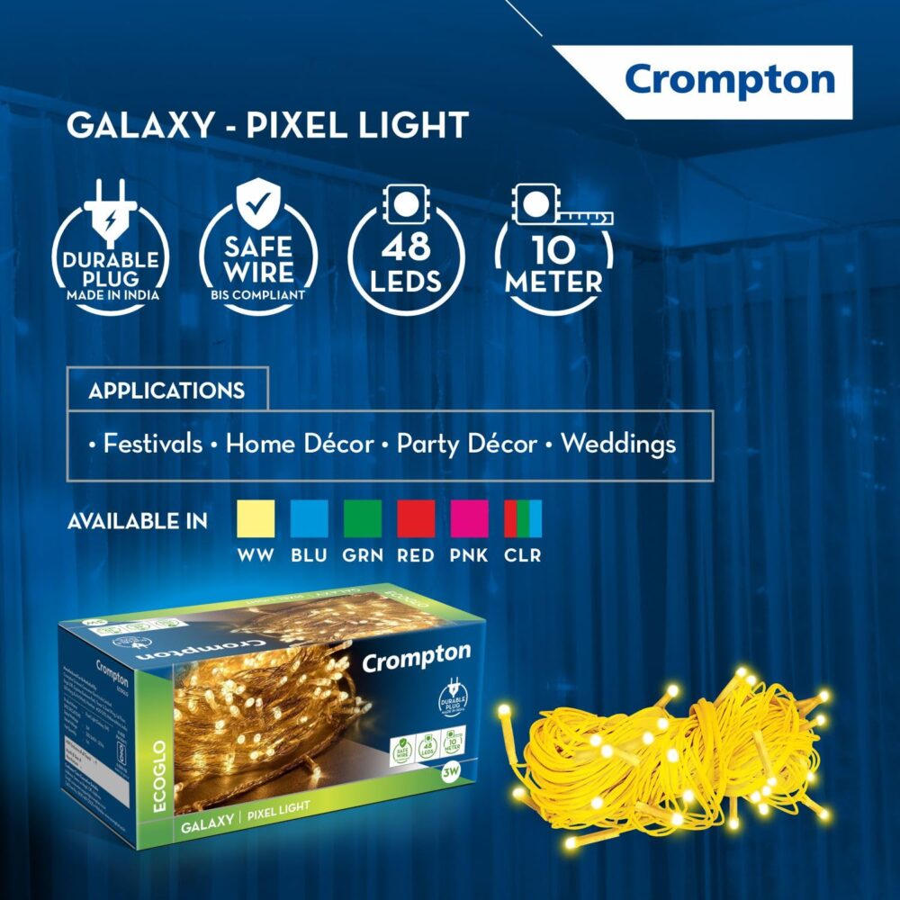 Crompton Galaxy Pixel Light | Festive Ladi Lights | 10 Meter | 48 LEDs | Warm White | Pack of 1 | Direct 2-pin Plug | BIS Safe Wire | for Home Decoration, Diwali, Festival, Birthday, Marriage - Image 4