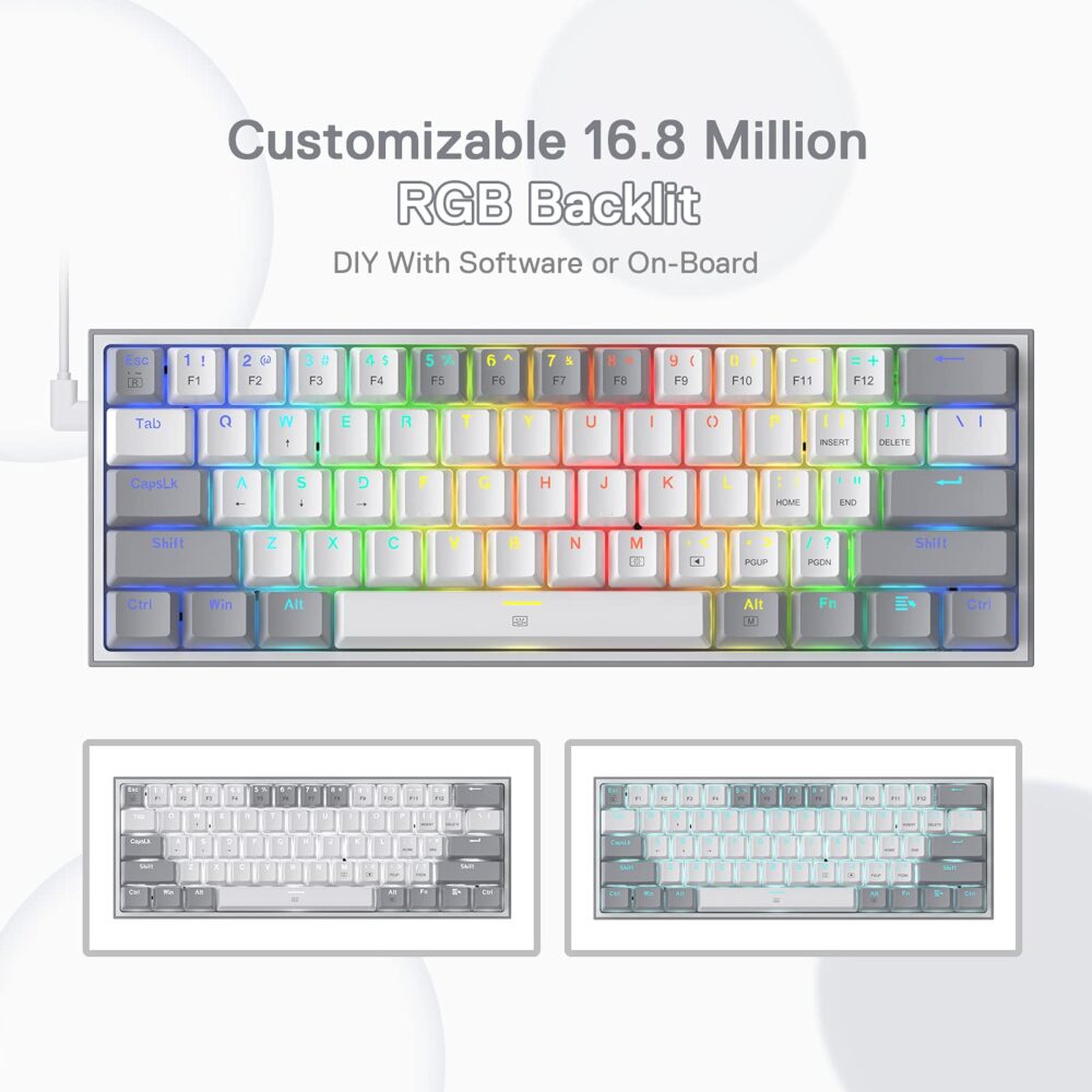 Redragon K617 Fizz 60% Wired RGB Gaming Keyboard, 61 Keys Compact Mechanical Keyboard w/White and Grey Color Keycaps, Linear Red Switch, Pro Driver/Software Supported - Image 5