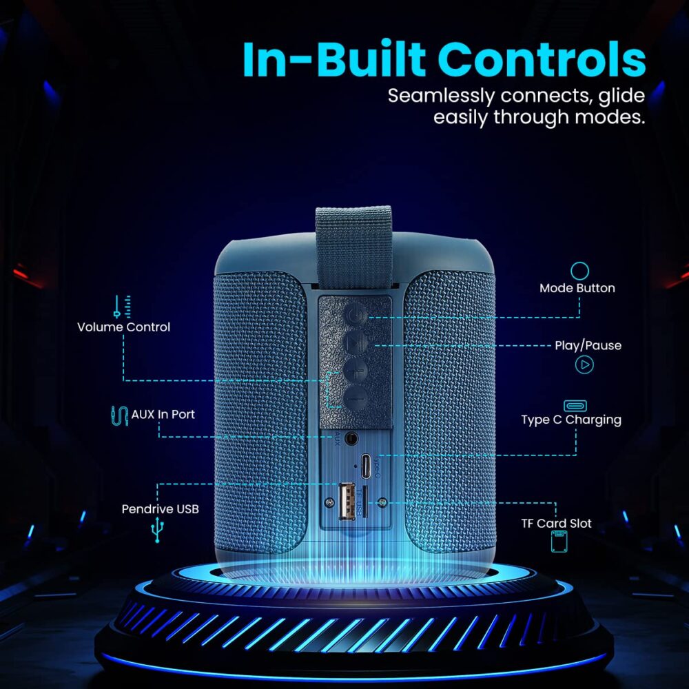 Portronics SoundDrum P 20W Portable Bluetooth Speaker with 6-7 hrs Playback Time, Handsfree Calling, USB Slot, Aux-in Port, Type C Charging (Blue) - Image 3