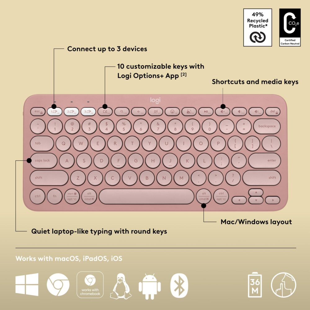 Logitech Pebble Keys 2 K380s, Multi-Device Bluetooth Wireless Keyboard with Customisable Shortcuts, Slim and Portable, Easy-Switch for Windows, macOS, iPadOS, Android, Chrome OS - Tonal Rose - Image 7