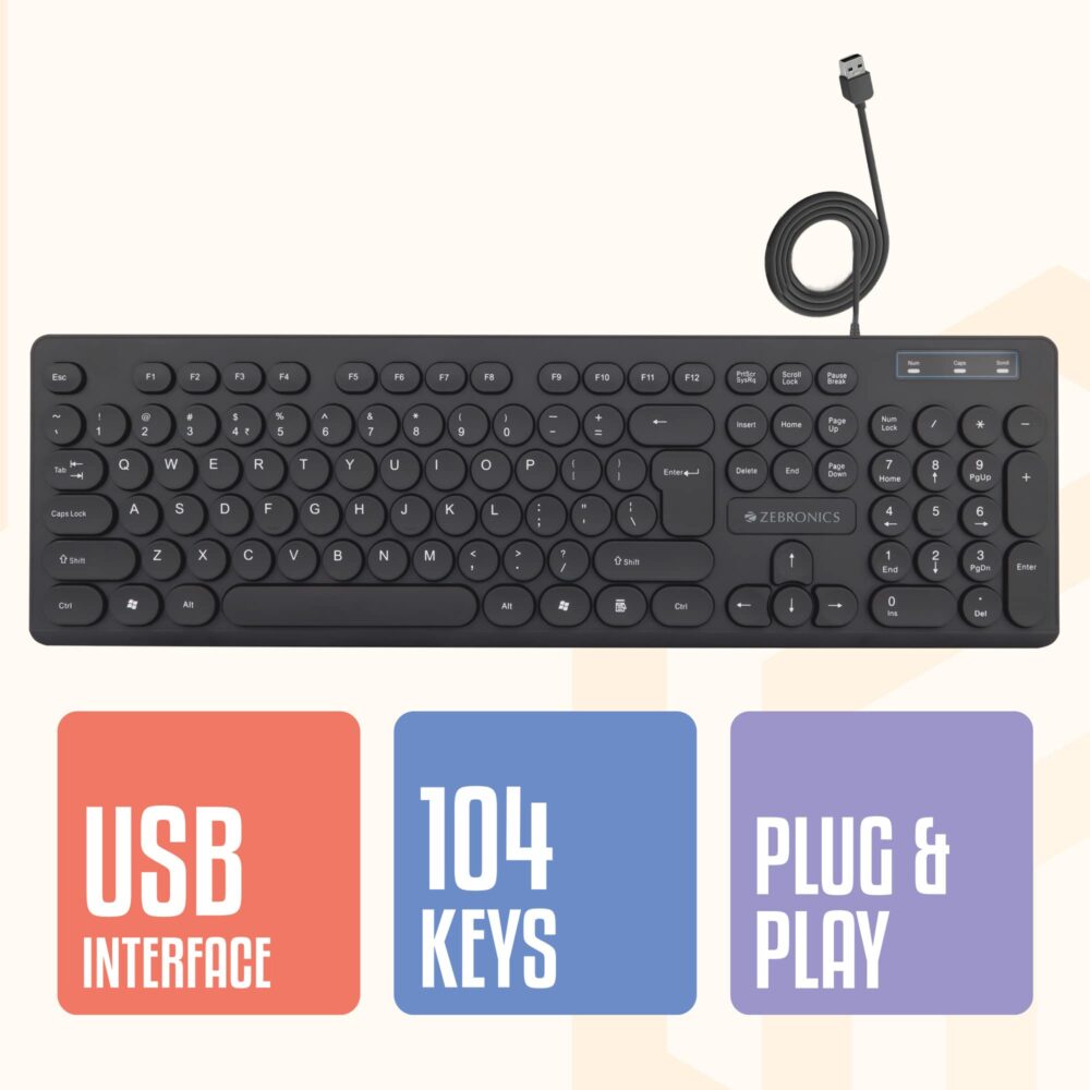Zebronics K24 Wired USB Keyboard, 104 Keys, Long Life 8 Million Keystrokes, Silent & Comfortable Use, Slim Design, Retractable Stand, 1.5 Meter Textured Cable, UV Coated keycaps - Image 2