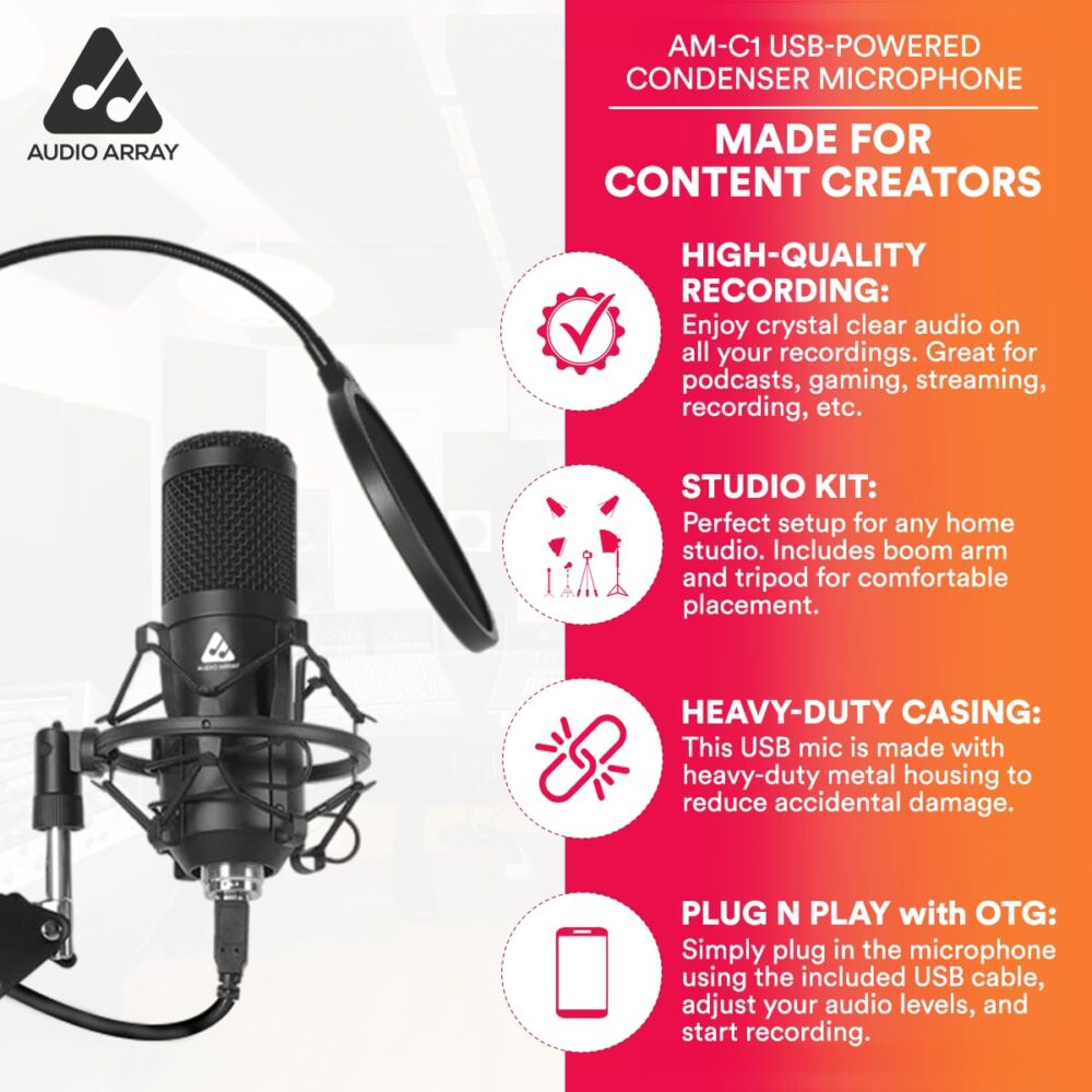 Audio Array AM-C1 USB Condenser Microphone Kit | 192kHz/24bit | BoomArm, Pop Filter, Mic Cover, Shock Mount, Tripod & 2.5M USB Cable | Podcasting, Gaming, Singing & Live Streaming - Image 5