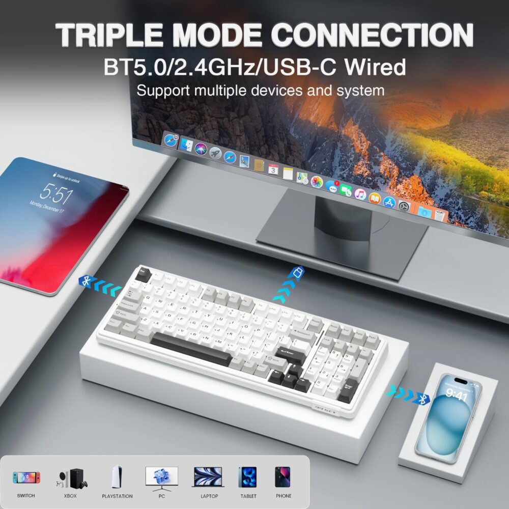 AULA F99 Wireless Mechanical Keyboard | Tri-Mode BT5.0/2.4GHz/USB-C Hot Swappable | Pre-lubed Linear Switches, Gasket Structure | RGB Backlit Gaming Keyboard (Grey+White - Graywood Switch) - Image 5