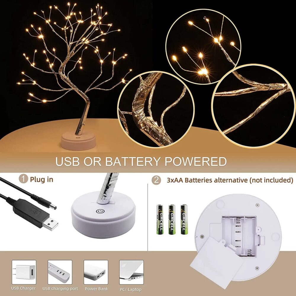 REFULGIX LED Bonsai Tree Light with 36 LEDs | Touch Sensor Table Lamp | USB & Battery Operated Fairy Light Tree for Home, Bedroom, Festive, Diwali, Christmas Decoration (Pack of 1) - Image 6