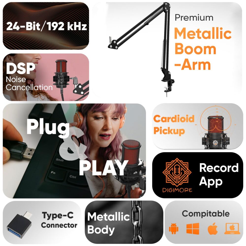 DIGIMORE USB Condenser Microphone Kit | 192kHz/24bit | BoomArm, Pop Filter, Mic Cover, Shock Mount, Tripod & 2.5M USB Cable | Podcasting, Gaming, Singing & Live Streaming (D-500) - Image 5
