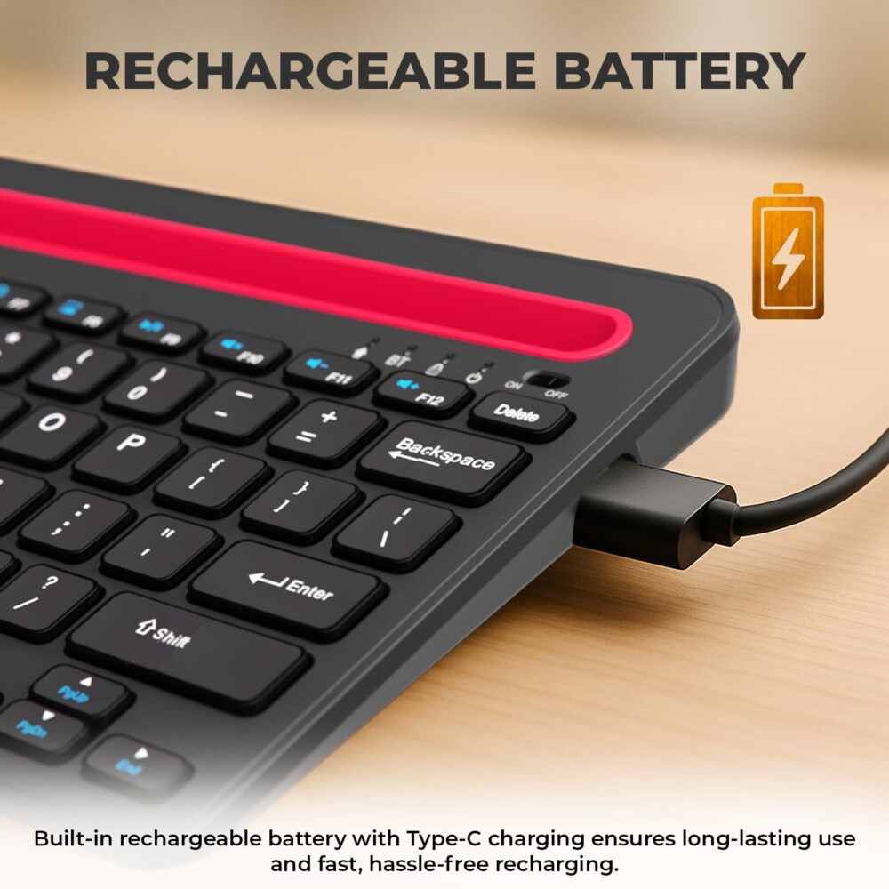Amkette [New & Improved Optimus Pro Multi Device (4in1) Rechargeable Wireless Keyboard/Bluetooth Keyboard | One Click Device Switching & AI Access for MacOS & Windows | Tablet & Phone Holder (Black) - Image 4