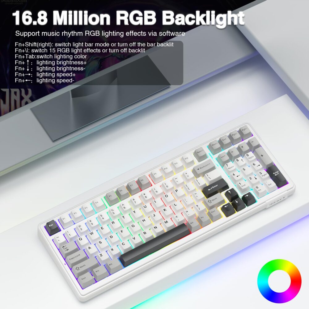AULA F99 Wireless Mechanical Keyboard | Tri-Mode BT5.0/2.4GHz/USB-C Hot Swappable | Pre-lubed Linear Switches, Gasket Structure | RGB Backlit Gaming Keyboard (Grey+White - Graywood Switch) - Image 8