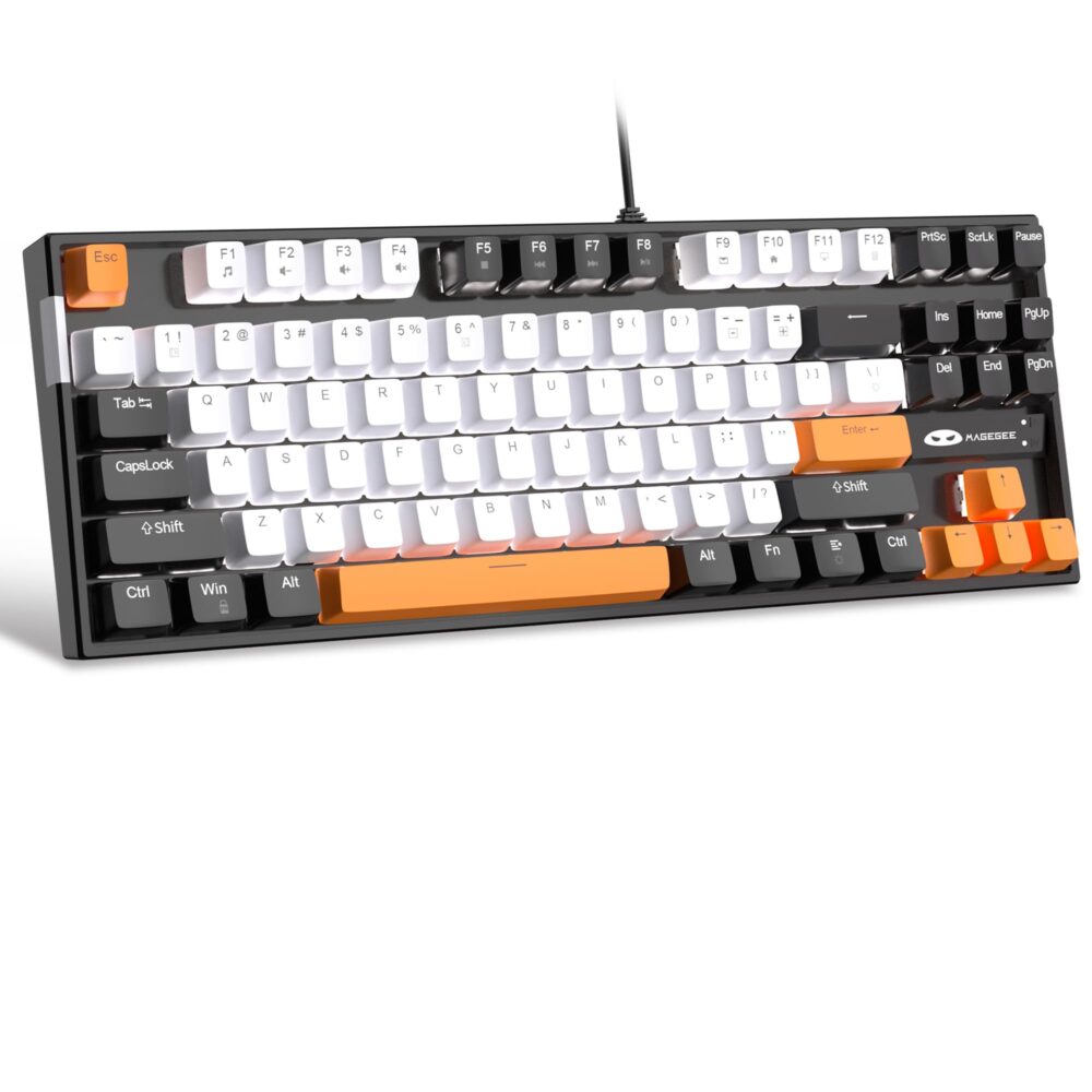 MageGee 75% Mechanical Gaming Keyboard with Yellow Switch, LED White Backlit Keyboard, 87 Keys Compact TKL Wired Computer Keyboard for Windows Laptop PC Gamer - White/Black