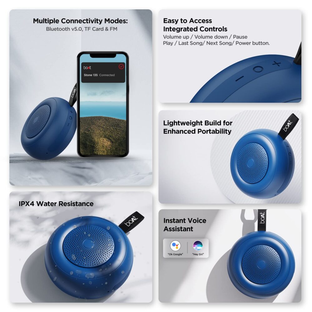 boAt Stone 135 Portable Wireless Speaker with 5W RMS Immersive Sound,IPX4 Water Resistance, True Wireless Feature, Up to 11H Total Playtime, Multi-Connectivity Modes with Type C Charging(Bold Blue) - Image 2