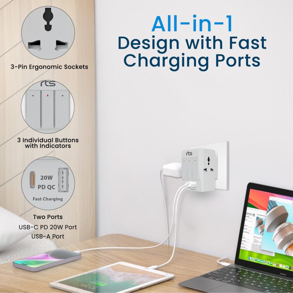 rts 3 Pin Multi Plug Socket-Worldwide Universal Travel Adapter with USB Ports & Type-C PD Individual Switch Safety Shutter LED Indicator-3 Way Plug Socket (5A-250V) Type D Plug for Home Office White - Image 2