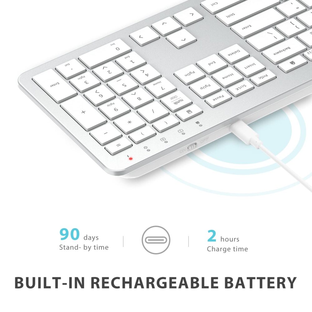 iClever Wireless Keyboard and Mouse GK08 - Rechargeable, Ergonomic, Quiet, Full Size Design with Number Pad, 2.4G Stable Connection Slim Mac Keyboard and Mouse for Windows, Mac OS Computer, Silver - Image 5