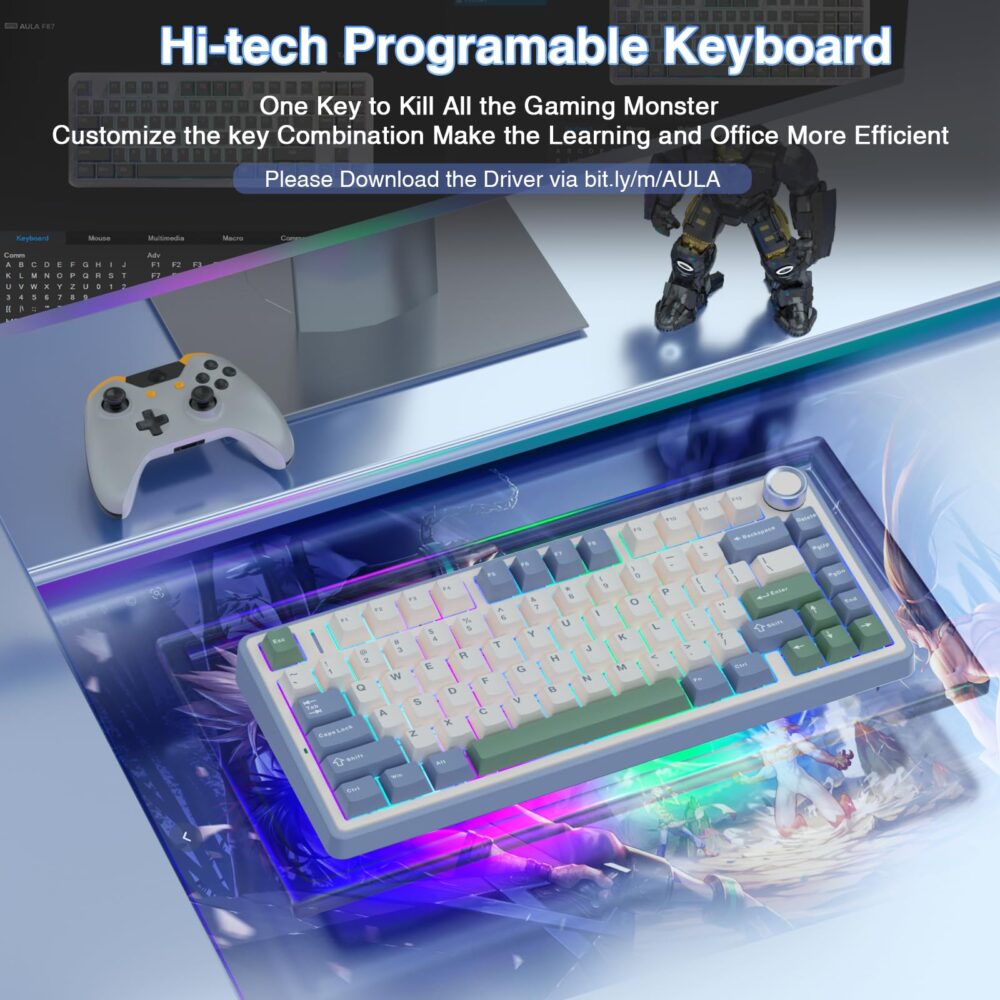 AULA F75 75% Wireless Mechanical Keyboard | Hot Swappable | Pre-lubed Linear Switches | RGB Backlit | 2.4GHz/Type-C/Bluetooth Gaming Keyboard (Cedar Green, Reaper Switch) - Image 3