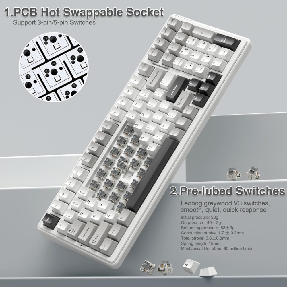 AULA F99 Wireless Mechanical Keyboard | Tri-Mode BT5.0/2.4GHz/USB-C Hot Swappable | Pre-lubed Linear Switches, Gasket Structure | RGB Backlit Gaming Keyboard (Grey+White - Graywood Switch) - Image 7