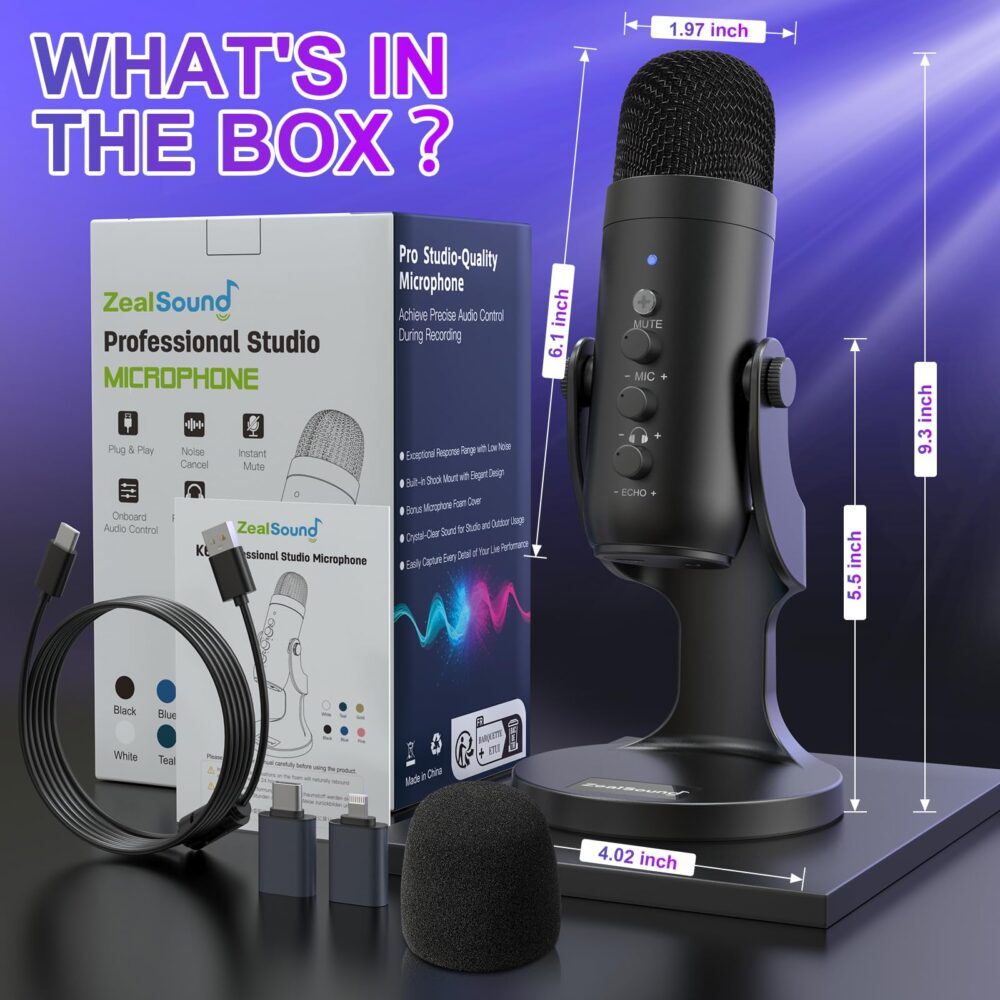 zealsound USB Microphone, Condenser Computer Mic, Plug & Play Gaming Microphone for Phone/PS4/PS5, Headphone Output, Volume Control, Mic Gain Control, Mute Button, YouTube Podcasting on Windows(Black) - Image 2