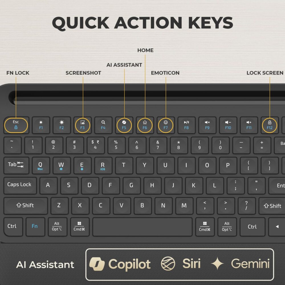 Amkette Optimus Pro Max Multi Device (4in1) Rechargeable Wireless Keyboard/Bluetooth Keyboard | One Click Device Switching and AI Access for MacOS, Windows, Android & iOS | Dual OS Layout (Black) - Image 7