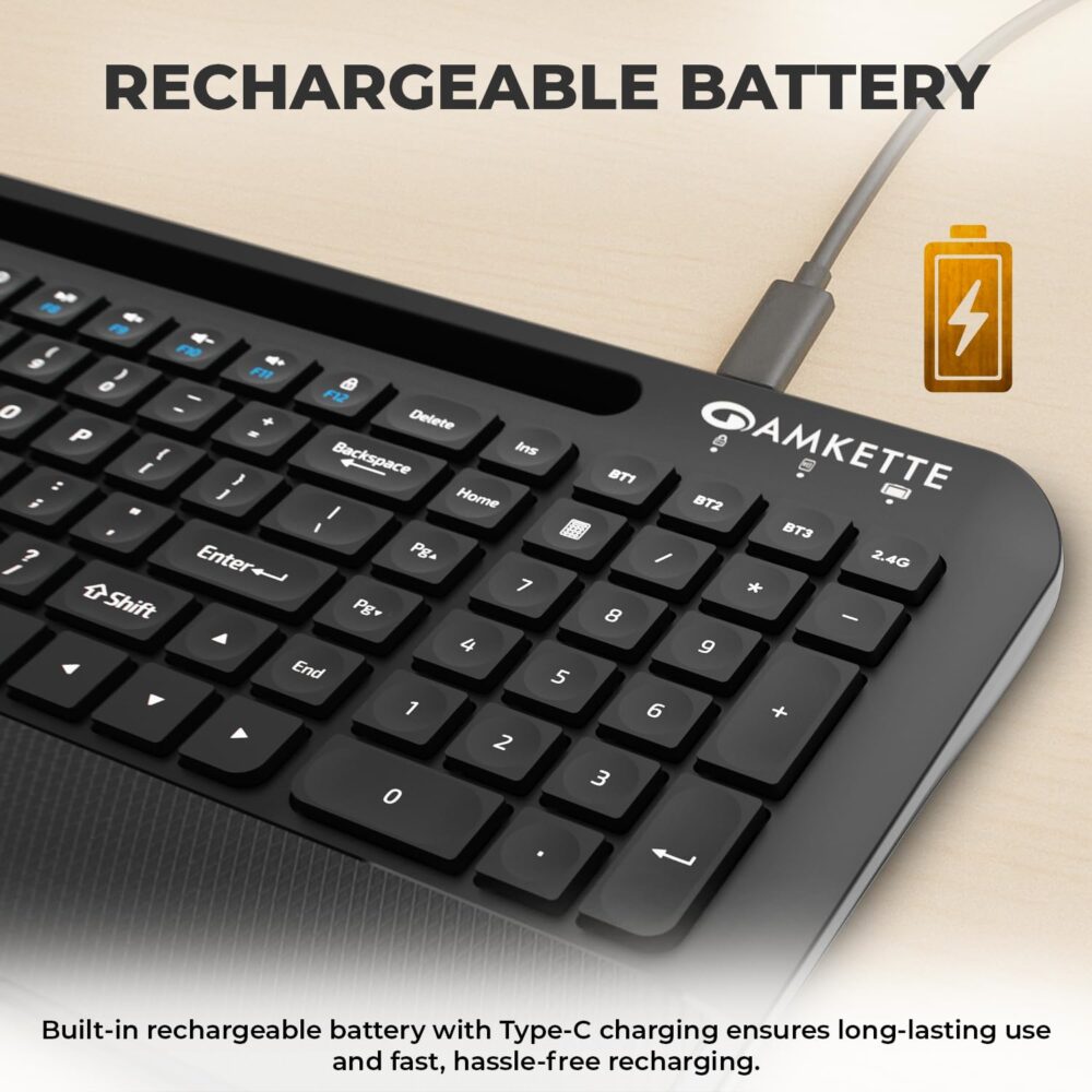 Amkette Optimus Pro Max Multi Device (4in1) Rechargeable Wireless Keyboard/Bluetooth Keyboard | One Click Device Switching and AI Access for MacOS, Windows, Android & iOS | Dual OS Layout (Black) - Image 4