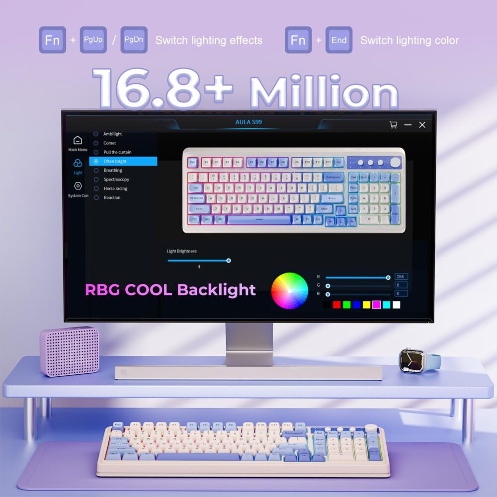AULA S99 3 in 1 World's First Silicon Membrane Gaming Keyboard | Bluetooth/2.4GHz/USB-C Balls Keycap Keybaord with Knob | Programmable RGB Backlit Gaming Keyboard for PC/Xbox/PS5 (Purple) - Image 2