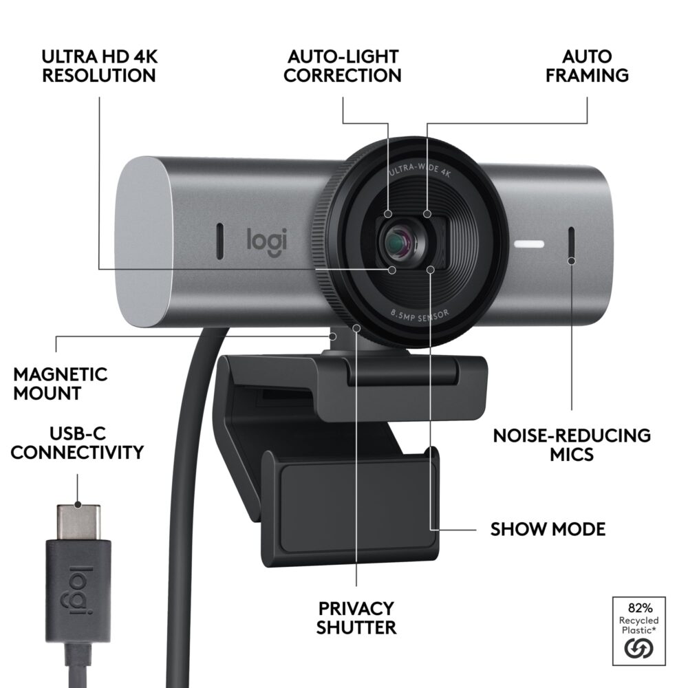 Logitech MX Brio Ultra HD 4K Streaming Webcam, 1080p at 60 FPS, USB-C, Webcam Cover, Works with Microsoft Teams, Zoom, Google Meet - Graphite - With Free Adobe Creative Cloud Subscription - Image 7