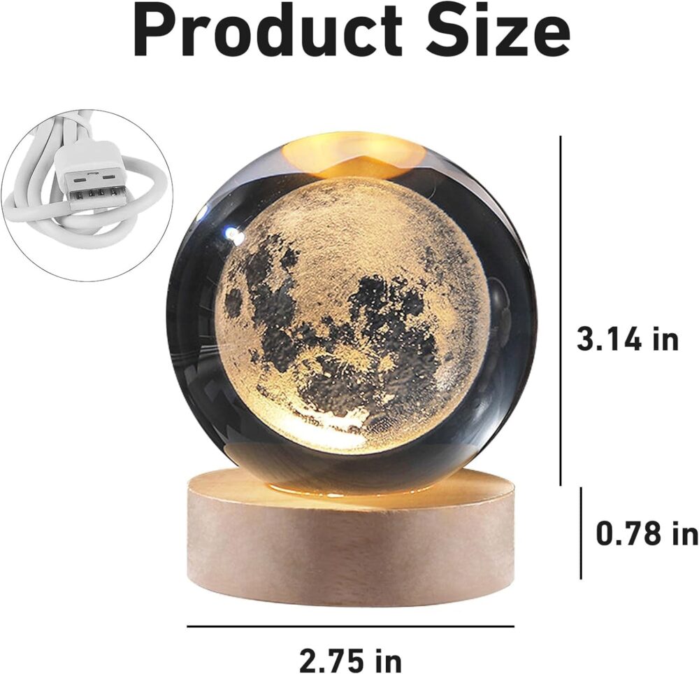 Desidiya Moon Crystal Ball Night Light,2.4 Inch Glass Ball Night LED Lamp with Woodern Base,Decorations Gifts for Men,Women,Kids,Boys,Girls | Gifts for Woman | Valentine Gifts - Image 4