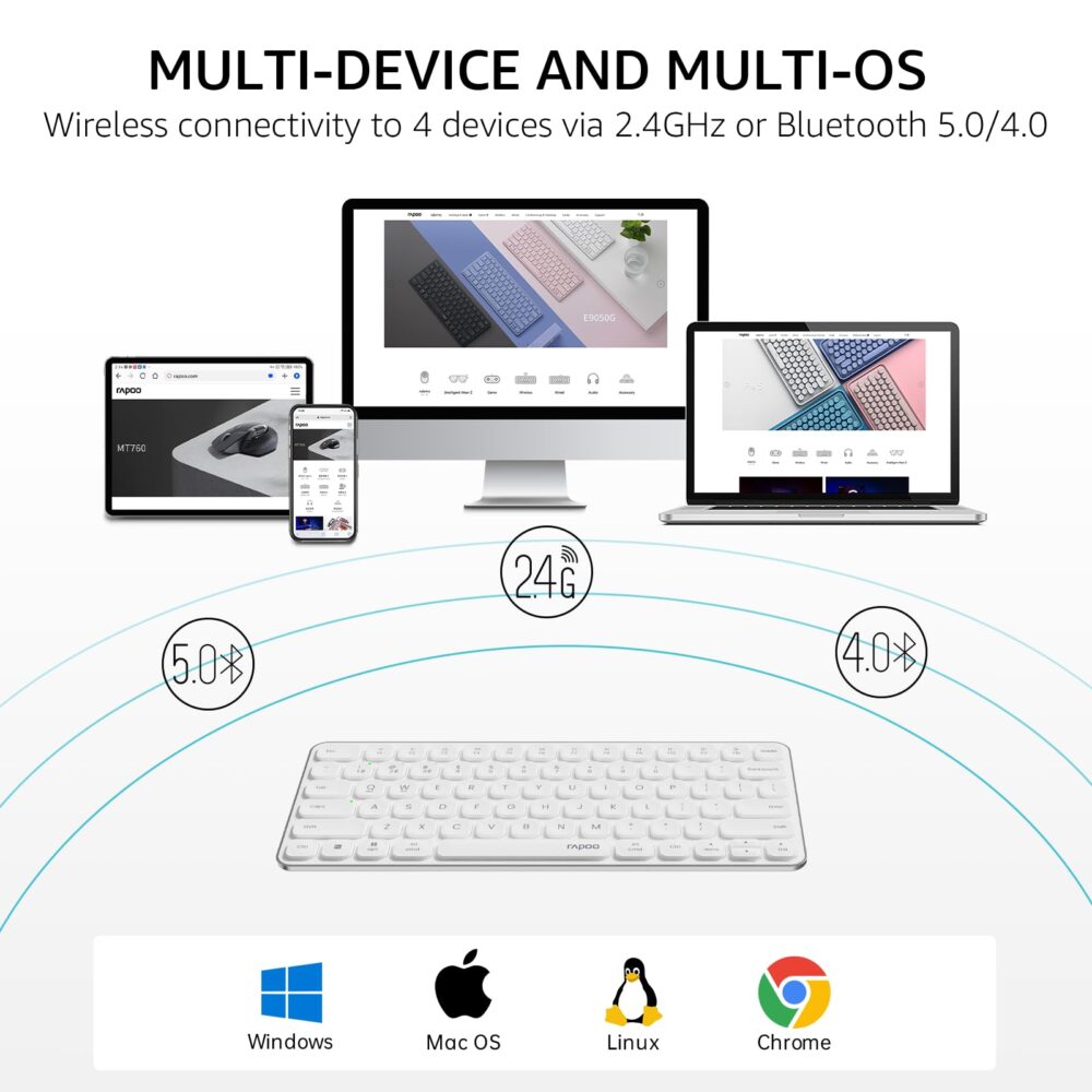 Rapoo E9050L Bluetooth Wireless Multi-Device Keyboard(4 Devices), Rechargeable, Led Indicators, Ultra-Thin, Ergonomic, Compatible with Windows, iOS, Android, Tab, Smartphones -White, 3-Year Warranty - Image 9