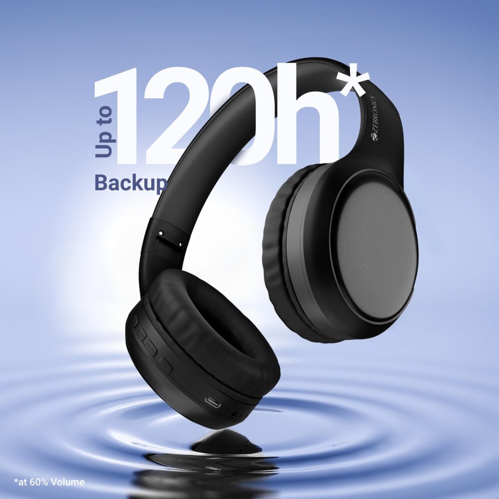 ZEBRONICS Thunder Max Bluetooth Over Ear Headphone with 120*Hrs Playback, 3 EQ Modes, 40mm Bass Driver, Fast Charging, Gaming Mode, Dual Pairing, BT v5.4, AUX, Metallic Finish (Black) - Image 8