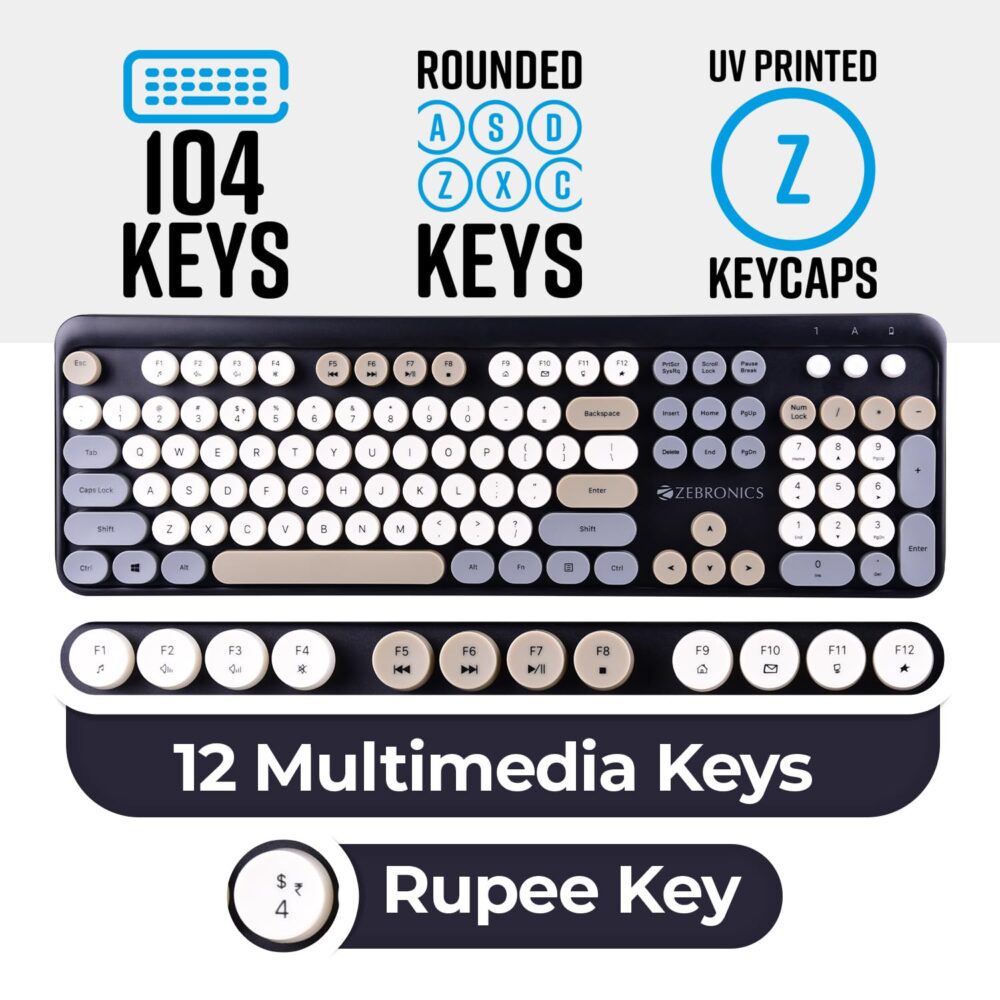 ZEBRONICS Newly launched Companion 301 2.4GHz Wireless Keyboard & Mouse Combo with UV Printed, Retro Style Keys, 104 + 12 Integrated Multimedia Keys, 1600 DPI, High Precision (Black + Grey) - Image 4
