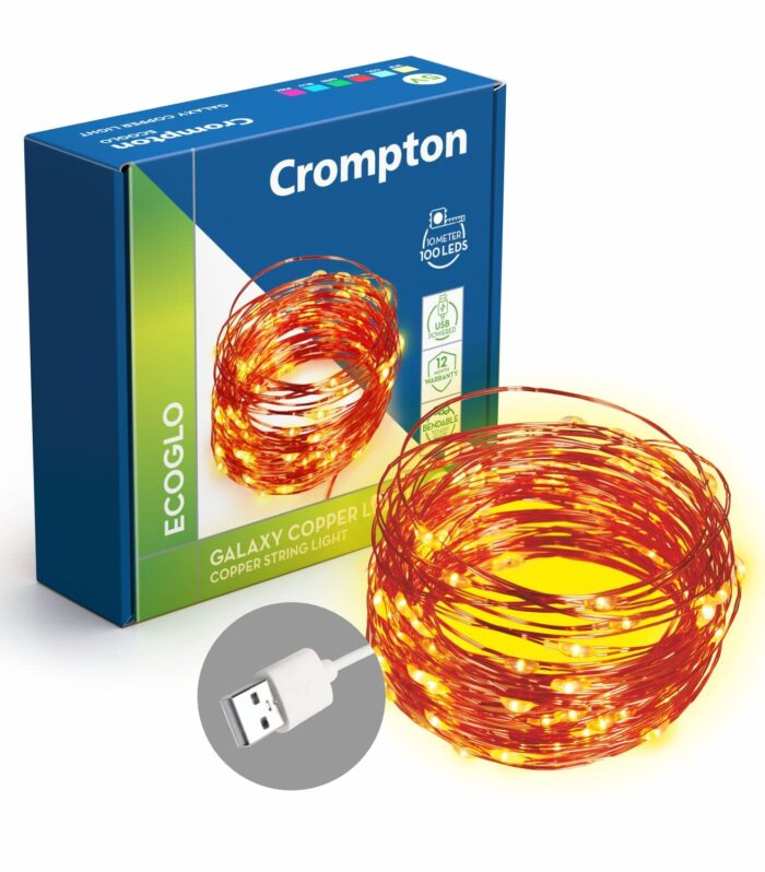 Crompton Galaxy Decoration Copper USB Powered String Fairy Lights with 100 Led Light (10 Meters / 32 Feet, Warm White, Pack of 1)