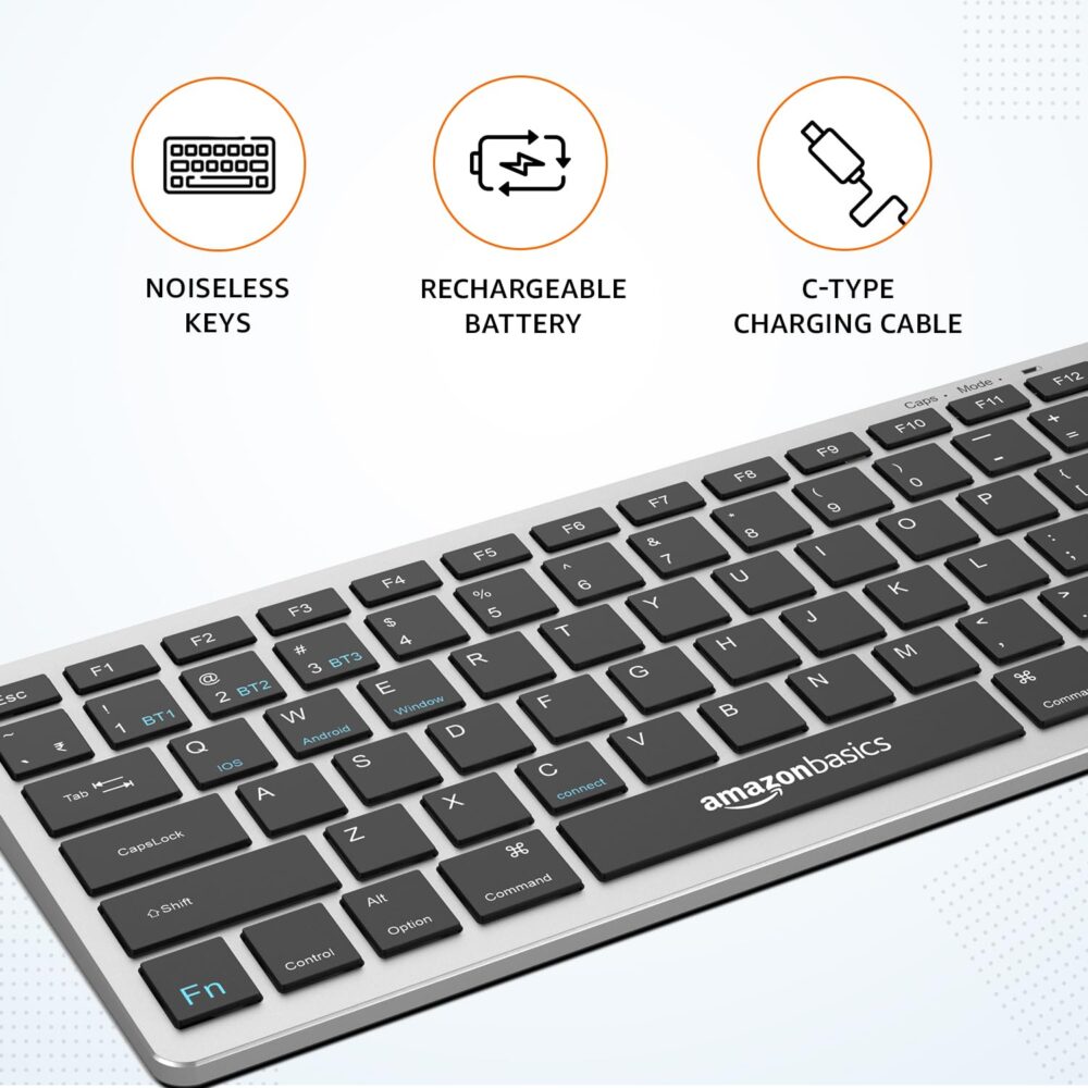 amazon basics Wireless Bluetooth Keyboard | Easy Switch for Up to 3 Devices | Ideal for Tablets & Mobiles | iOS, Windows, Android Compatible | Type C Port | Noiseless Keys | 78 Keys (Black and Grey) - Image 9