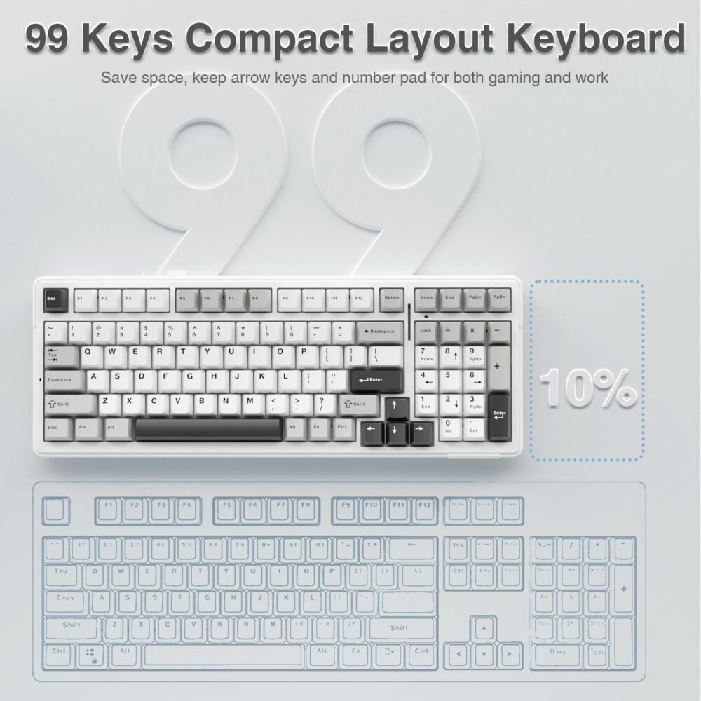 AULA F99 Wireless Mechanical Keyboard | Tri-Mode BT5.0/2.4GHz/USB-C Hot Swappable | Pre-lubed Linear Switches, Gasket Structure | RGB Backlit Gaming Keyboard (Grey+White - Graywood Switch) - Image 2