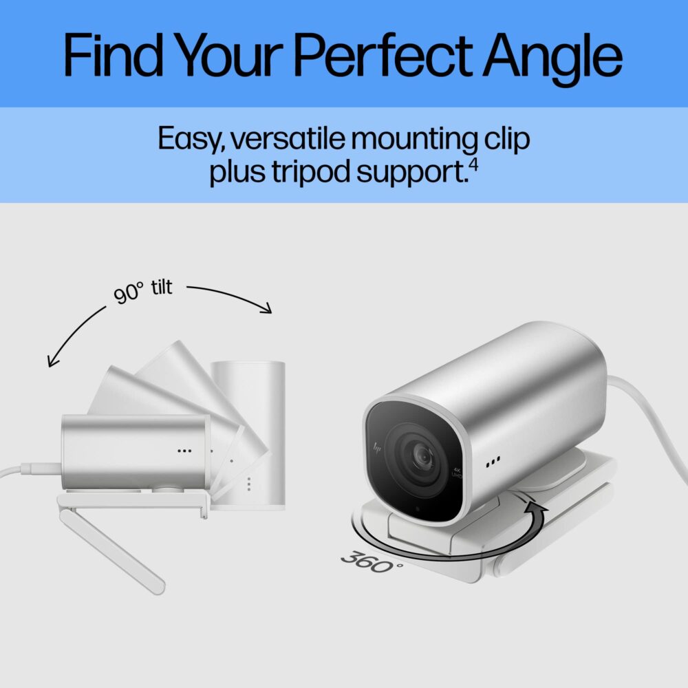 HP 960 4K Streaming Webcam, 4K 30fps or 1080p 60fps, STARMIS CMOS Sensor, 8MP, 100 deg Diagonal Field of View, autofocus, Dual mic, Universal mounting Clip, Tripod Mount, 360 deg Swivel, 90 deg tilt - Image 4