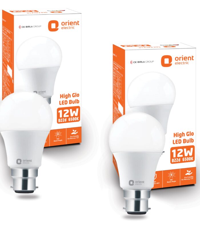 Orient Electric 12W High Glow LED bulb| 180-degree wide beam angle| Voltage surge protection up to 4 kV| 6500K, Cool White| B22d base| Made in India| Pack of 2