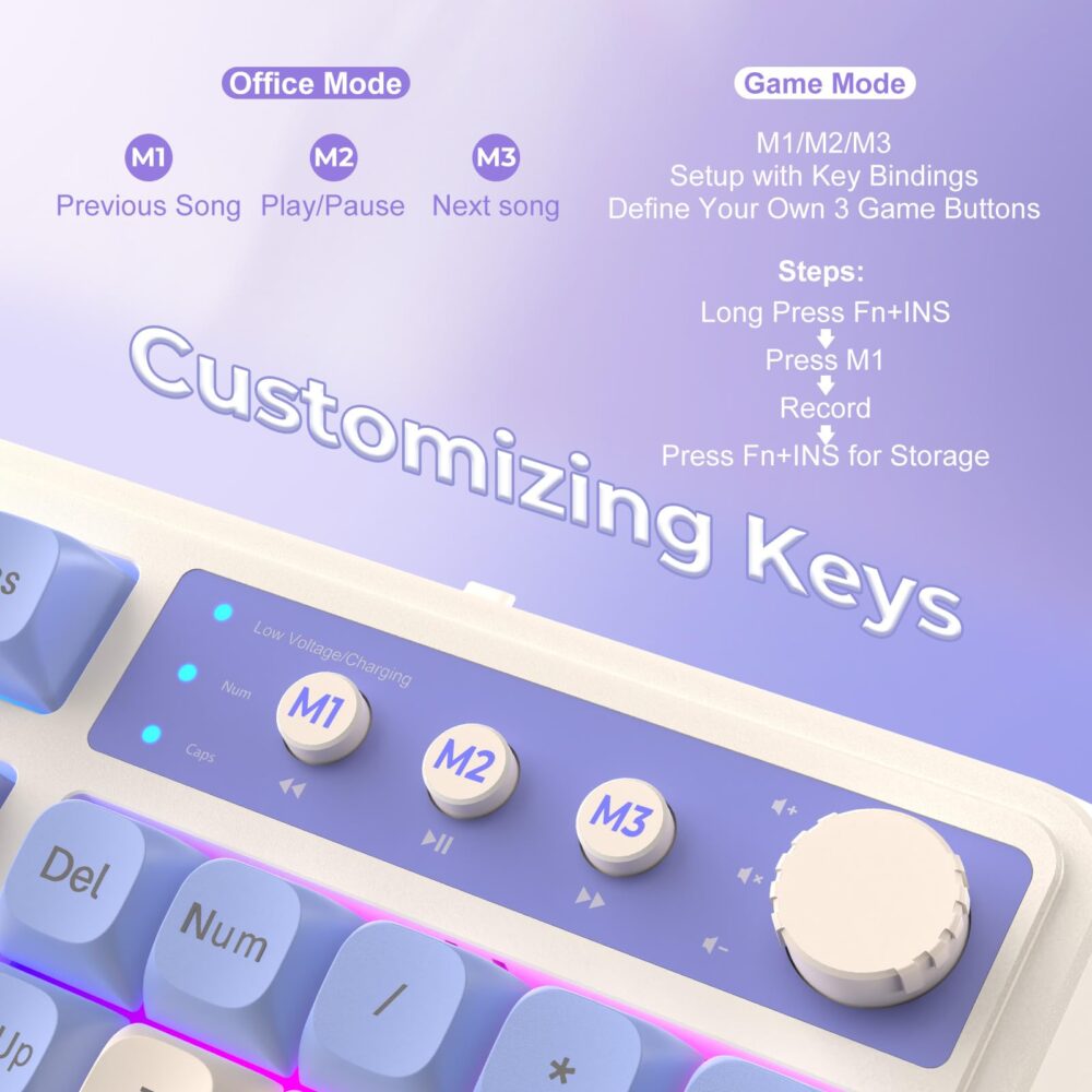 AULA S99 3 in 1 World's First Silicon Membrane Gaming Keyboard | Bluetooth/2.4GHz/USB-C Balls Keycap Keybaord with Knob | Programmable RGB Backlit Gaming Keyboard for PC/Xbox/PS5 (Purple) - Image 5