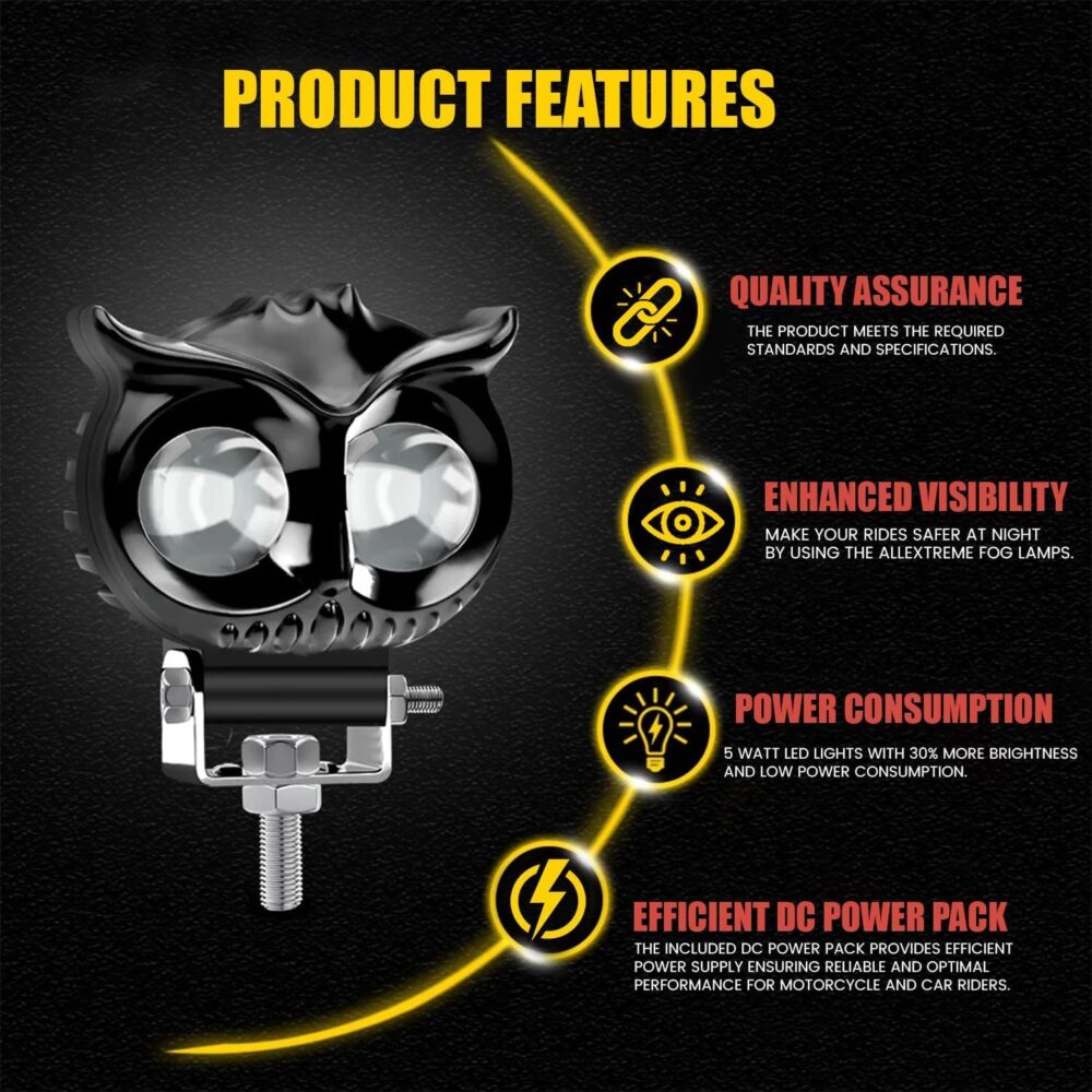 Pivalo PV4LED1 20W Owl Shape 12-85V Metal Body Fog Light Super Bright Spot Flood Beam Driving Lamp with Handlebar Switch for Motorcycle Cars Bikes & SUV (White Light, Pack of 1) - Image 6