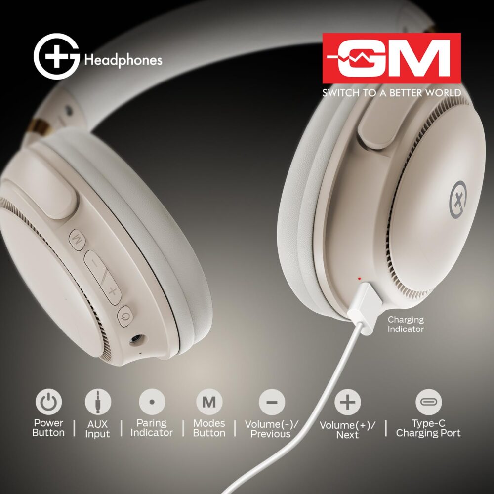 GM G+ Headphones, Over The Ear Headphones with Mic, BT 5.3, Pure Bass, 45ms Low Latency, Dual Pairing, 4 Play Modes (FM, Radio, SD Aux) 55H Playtime - White - Image 5