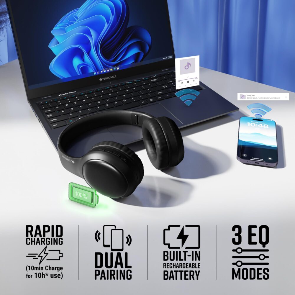 ZEBRONICS Thunder Max Bluetooth Over Ear Headphone with 120*Hrs Playback, 3 EQ Modes, 40mm Bass Driver, Fast Charging, Gaming Mode, Dual Pairing, BT v5.4, AUX, Metallic Finish (Black) - Image 6