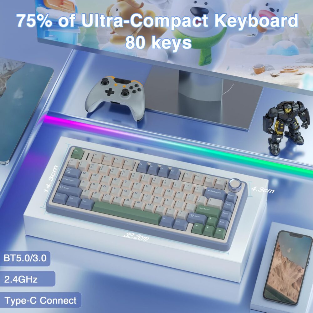 AULA F75 75% Wireless Mechanical Keyboard | Hot Swappable | Pre-lubed Linear Switches | RGB Backlit | 2.4GHz/Type-C/Bluetooth Gaming Keyboard (Cedar Green, Reaper Switch) - Image 7