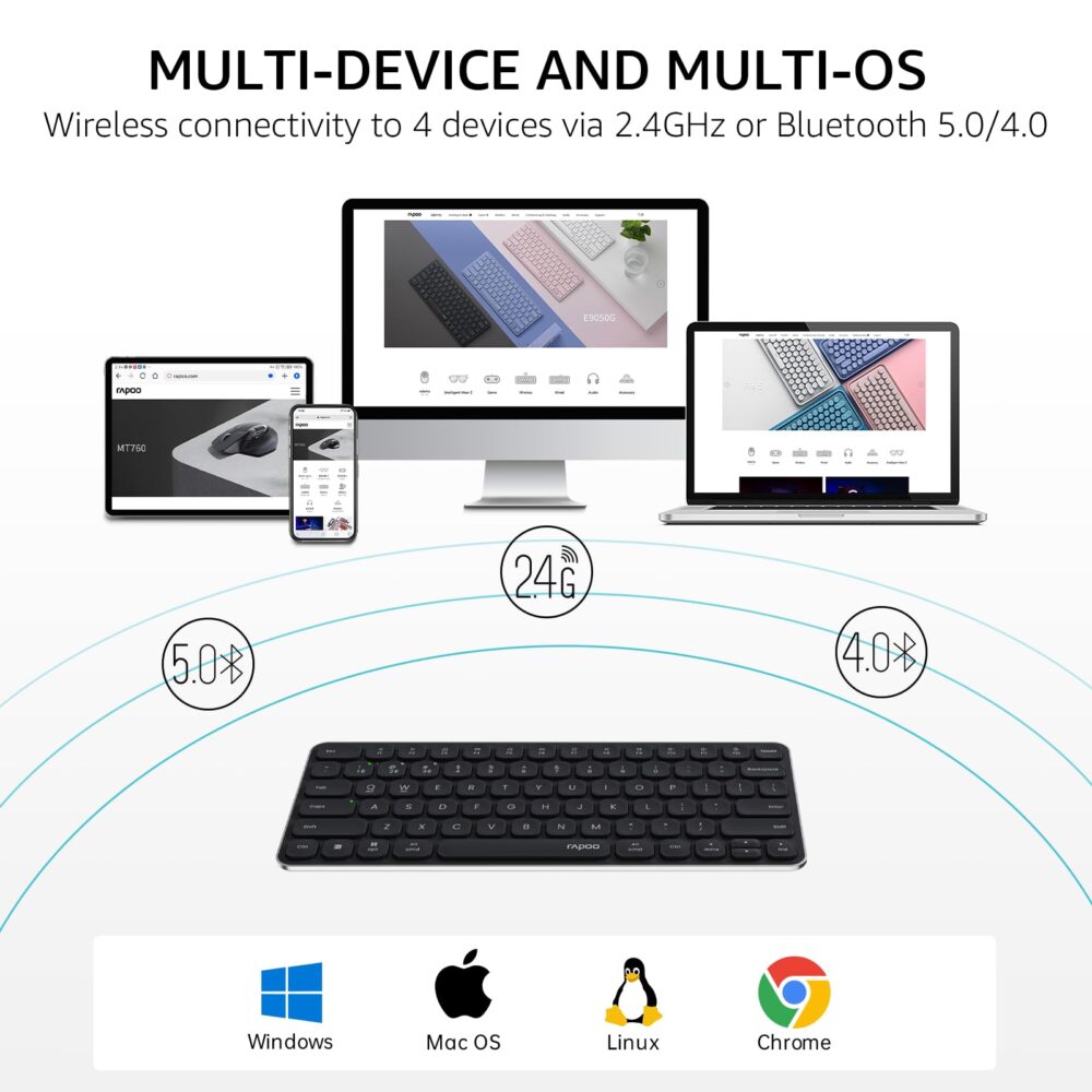 Rapoo E9050L Bluetooth Wireless Multi-Device Keyboard(4 Devices), Rechargeable, Led Indicators, Ultra-Thin, Ergonomic, Compatible with Windows, iOS, Android, Tab, Smartphones -Grey 3-Year Warranty - Image 9