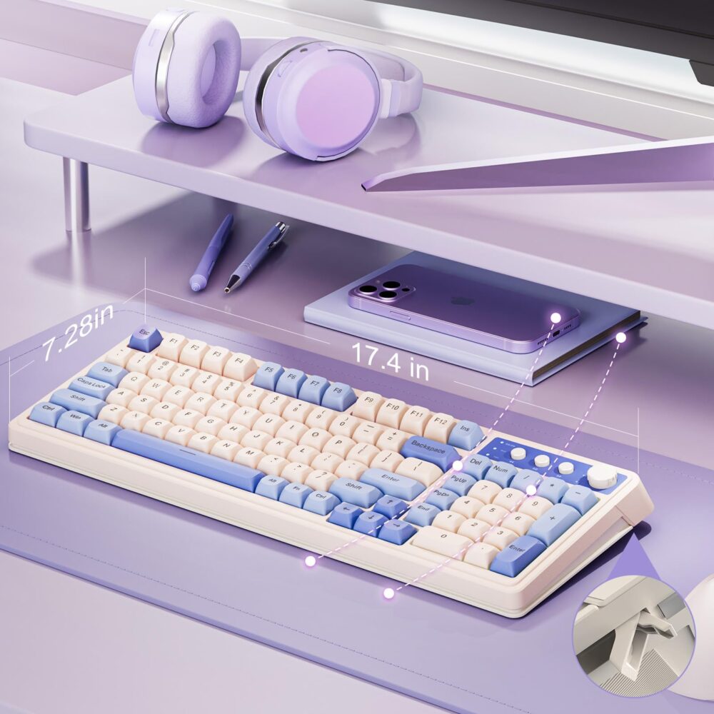 AULA S99 3 in 1 World's First Silicon Membrane Gaming Keyboard | Bluetooth/2.4GHz/USB-C Balls Keycap Keybaord with Knob | Programmable RGB Backlit Gaming Keyboard for PC/Xbox/PS5 (Purple) - Image 3