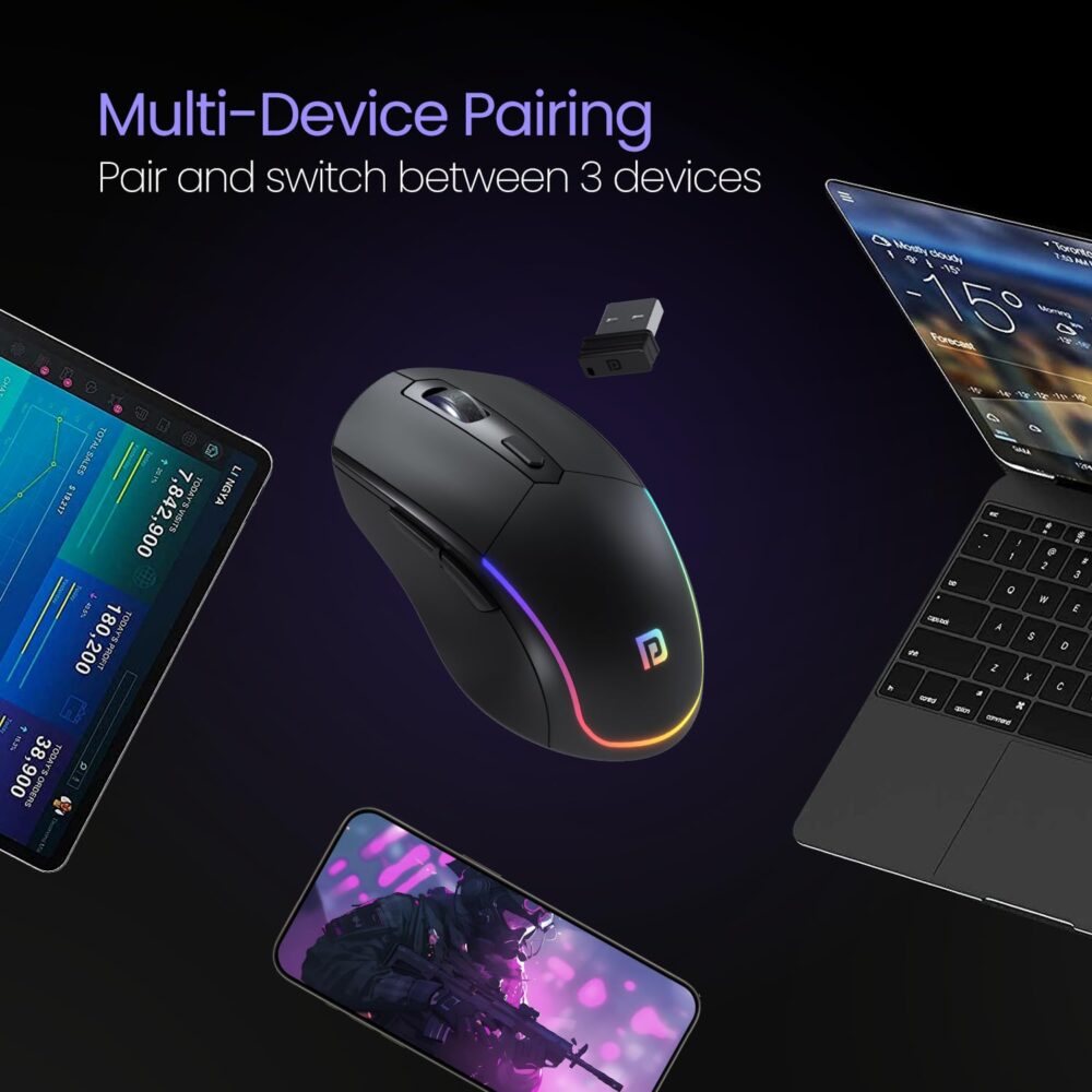 Portronics Toad One Bluetooth Mouse with 2.4 GHz & BT 5.3 Dual Wireless, 6 Buttons, Rechargeable, RGB Lights, Connect 3 Devices, Ergonomic Design for Laptop, Smartphone, Tablet (Black) - Image 5