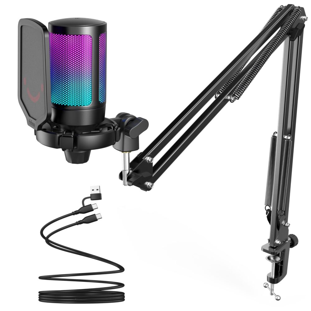 FIFINE USB Gaming Microphone Kit, Plug & Play for PC, PS4/5, 192 kHZ Condenser Cardioid Microphone Set with Mute Button, Volume Gain, RGB, Arm Stand, for Streaming, Discord, Twitch, Video, Youtube-A6T