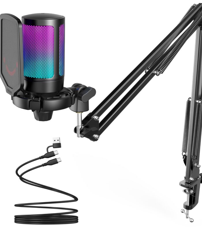 FIFINE USB Gaming Microphone Kit, Plug & Play for PC, PS4/5, 192 kHZ Condenser Cardioid Microphone Set with Mute Button, Volume Gain, RGB, Arm Stand, for Streaming, Discord, Twitch, Video, Youtube-A6T