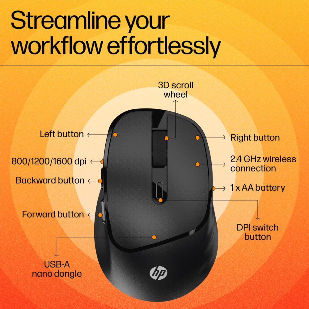 HP M120 Wireless Mouse, USB-A Nano Dongle, 2.4 Ghz Wireless Connection, 6 Buttons, Up to 1600 Dpi, Optical Sensor, Ergonomic Design, 12-Month Battery Life, 3-Year Warranty, 60G±5%, Black, 7J4G4Aa - Image 2