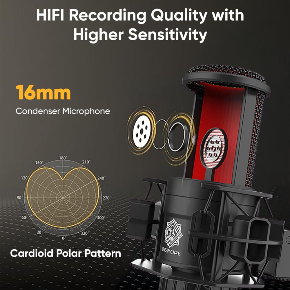 DIGIMORE USB Condenser Microphone Kit | 192kHz/24bit | BoomArm, Pop Filter, Mic Cover, Shock Mount, Tripod & 2.5M USB Cable | Podcasting, Gaming, Singing & Live Streaming (D-500) - Image 8