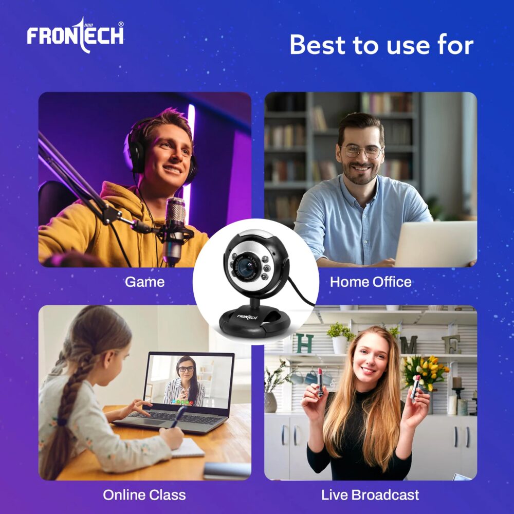FRONTECH Digital Webcam with Built-in Mic & LED Lights, 30 FPS, Plug and Play USB Interface, Auto White Balance, for Video Calling, Live Streaming, Online Classes, Laptop/PC/TV (2251, Black) - Image 2