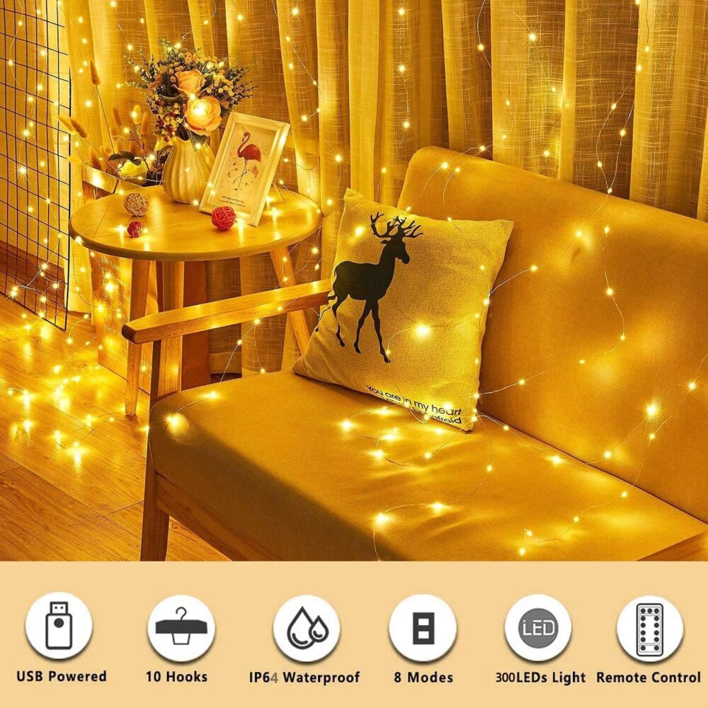 Miradh 300 LED Curtain Lights 9.8Ftx9.8Ft, 8 Lighting Modes Multicolor Window Curtain String Lights with Remote USB Powered, Warm White(Plastic) - Image 7
