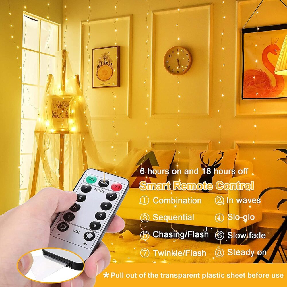 Miradh 300 LED Curtain Lights 9.8Ftx9.8Ft, 8 Lighting Modes Multicolor Window Curtain String Lights with Remote USB Powered, Warm White(Plastic) - Image 3