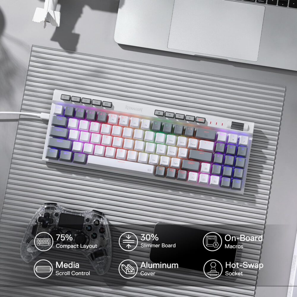 Redragon K655 75% RGB Wired Mechanical Gaming Keyboard, 78 Keys Hot-Swap Mechanical Keyboard w/Aluminum Cover Board, Upgraded Socket and Onboard Macro/Media Keys, Quiet Linear Red Switch - Image 8