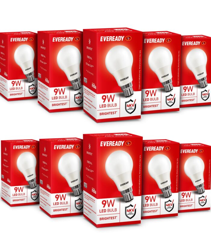 Eveready 9W LED Bulb, Cool Day Light (6500K), B22 Base, Energy-Efficient, 4kV Surge Protection, Long-Lasting Durability - Pack of 10