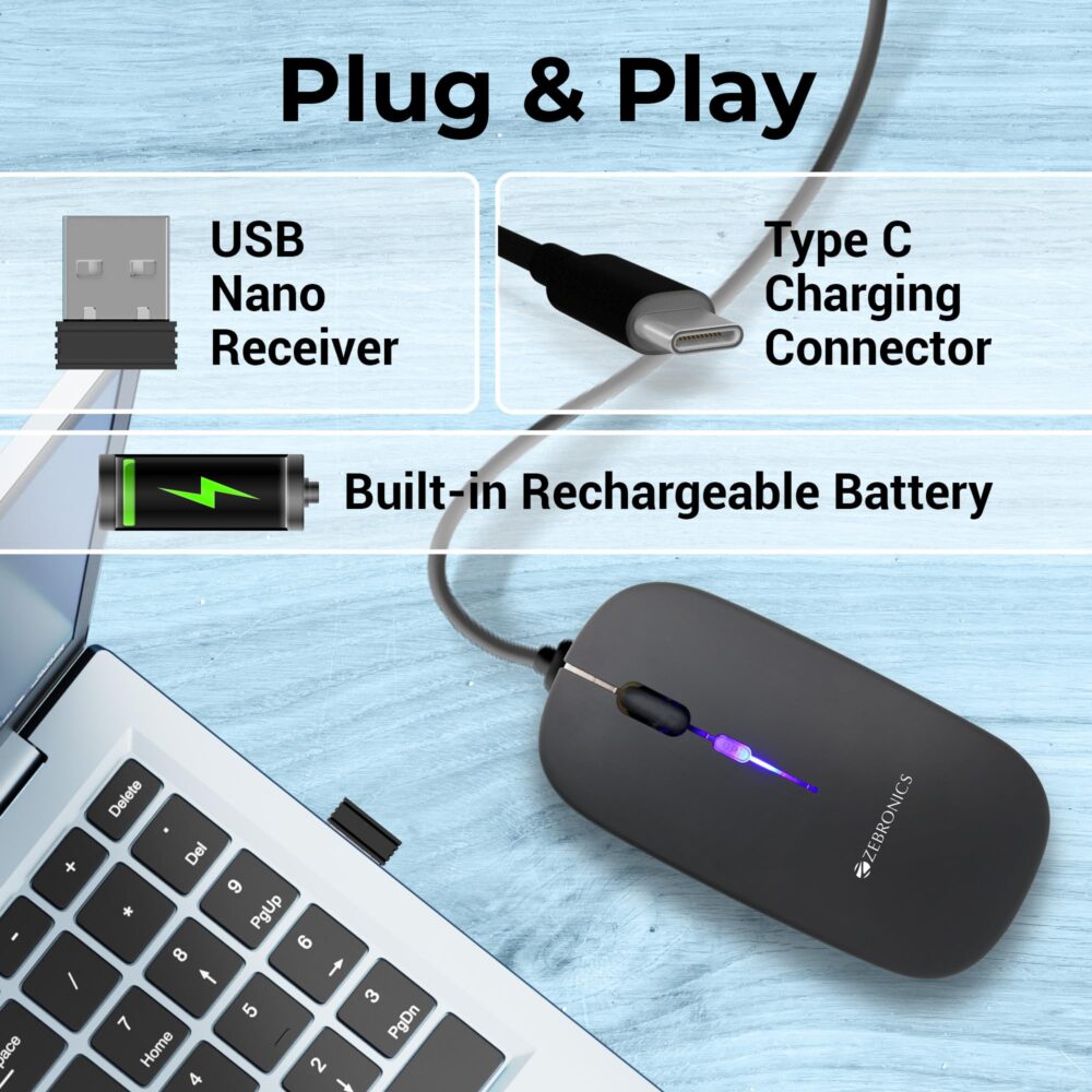 ZEBRONICS Blanc Slim Wireless Mouse with Rechargeable Battery, BT + 2.4GHz, 4 Buttons, 800/1200/1600 DPI, Silent Operation, Multicolor LED Lights - Image 5